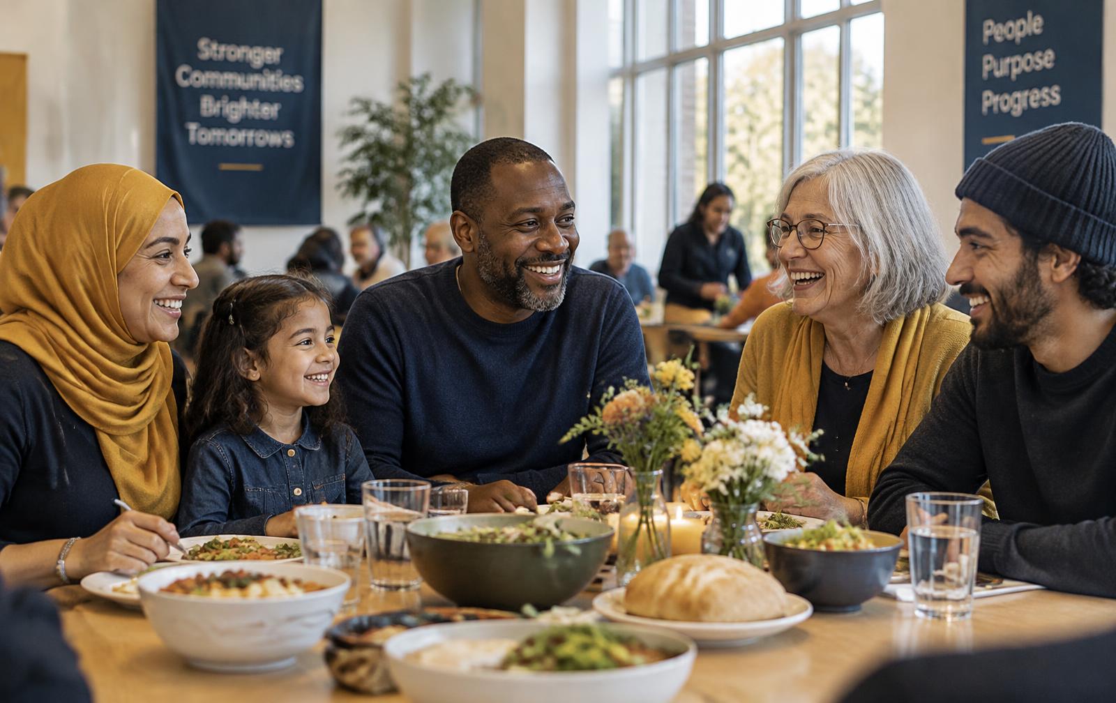 Families and neighbours of different ages and backgrounds sharing a meal together