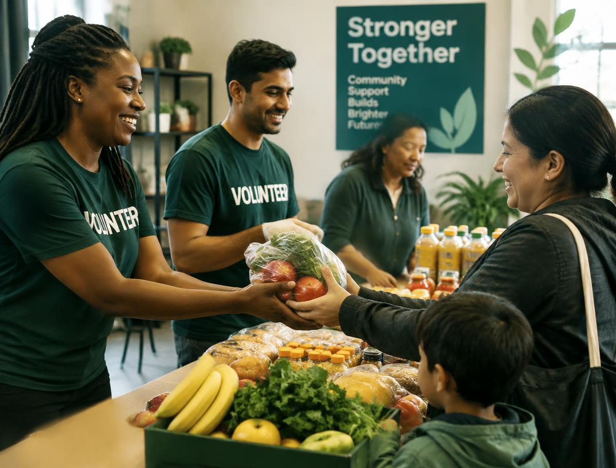 Volunteers handing fresh groceries to a mother and child